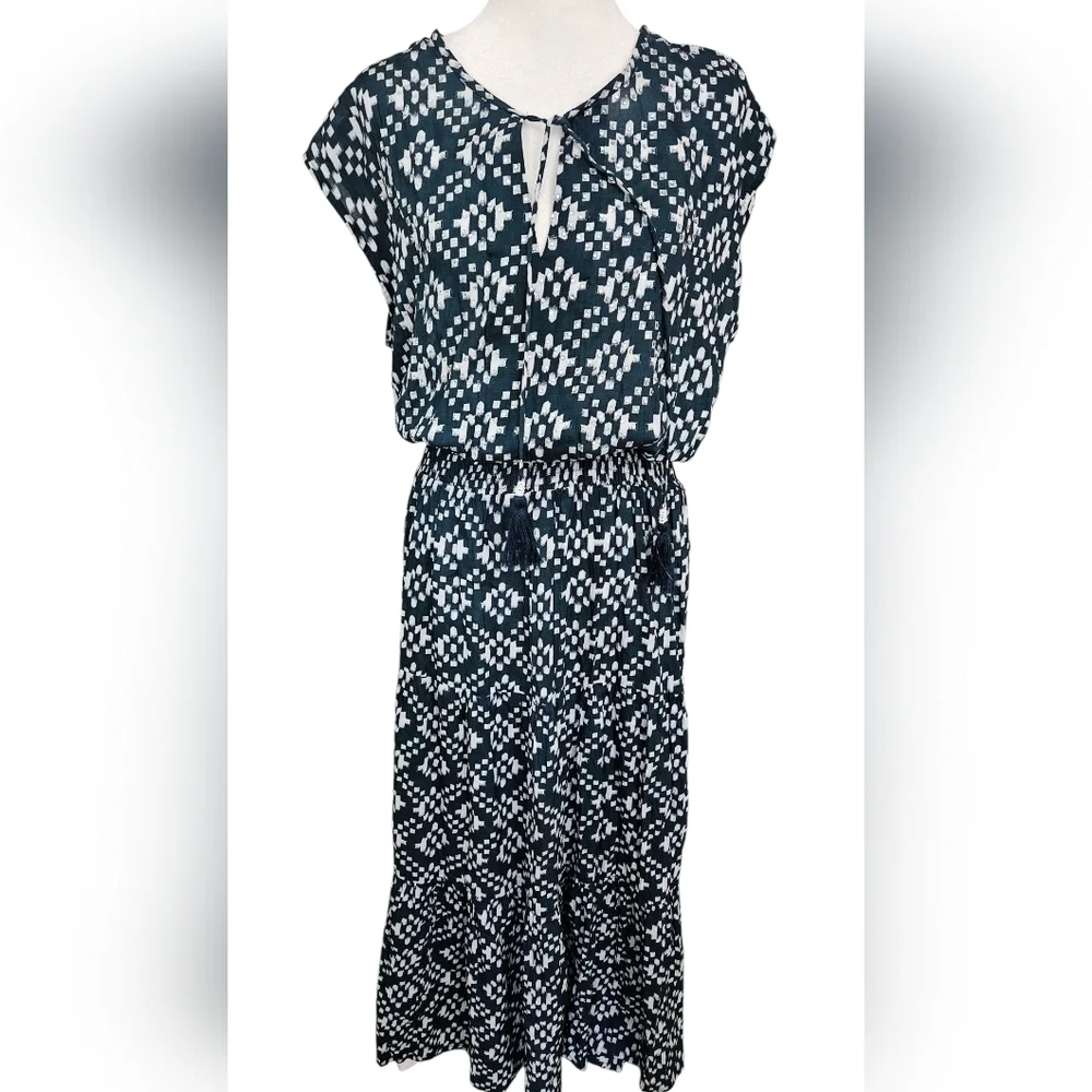 RubyYaya Beaded Boho Maxi Dress Blue White Geometric Print Size M - Picture 3 of 16